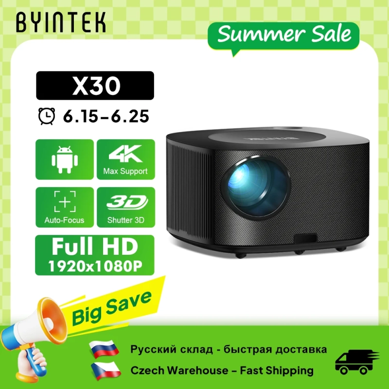 BYINTEK X30 Full HD 1080P Projetor licenciado Sistema de TV Netflix Auto-foco Dolby Smart WIFI LCD LED Vídeo