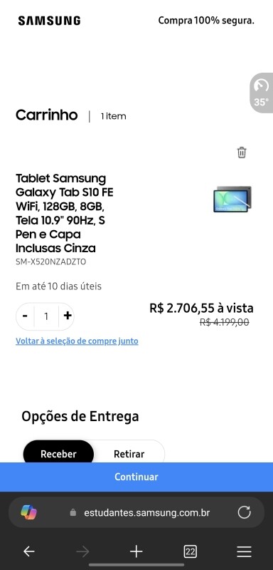 Tablet Samsung Galaxy Tab S10 FE WiFi 128GB | 8GB | Tela 10.9" 90Hz | S Pen e Capa Inclusas | Cinza