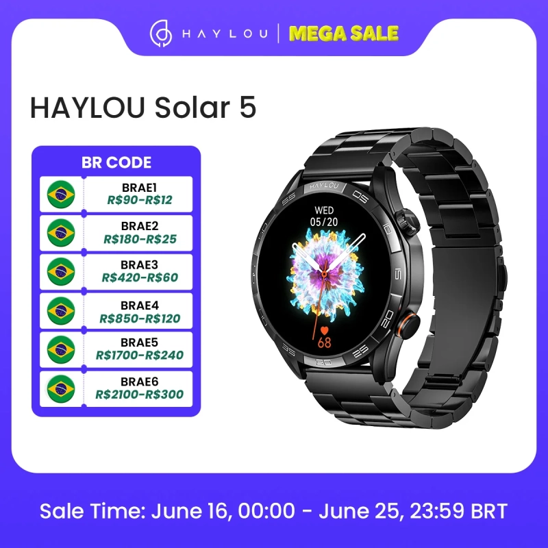 HAYLOU Solar 5 Chamada por Voz Smartwatch 1.58'' AMOLED Display 60Hz Smart Watch 24H Monitoramento de Saúde Smartwatch