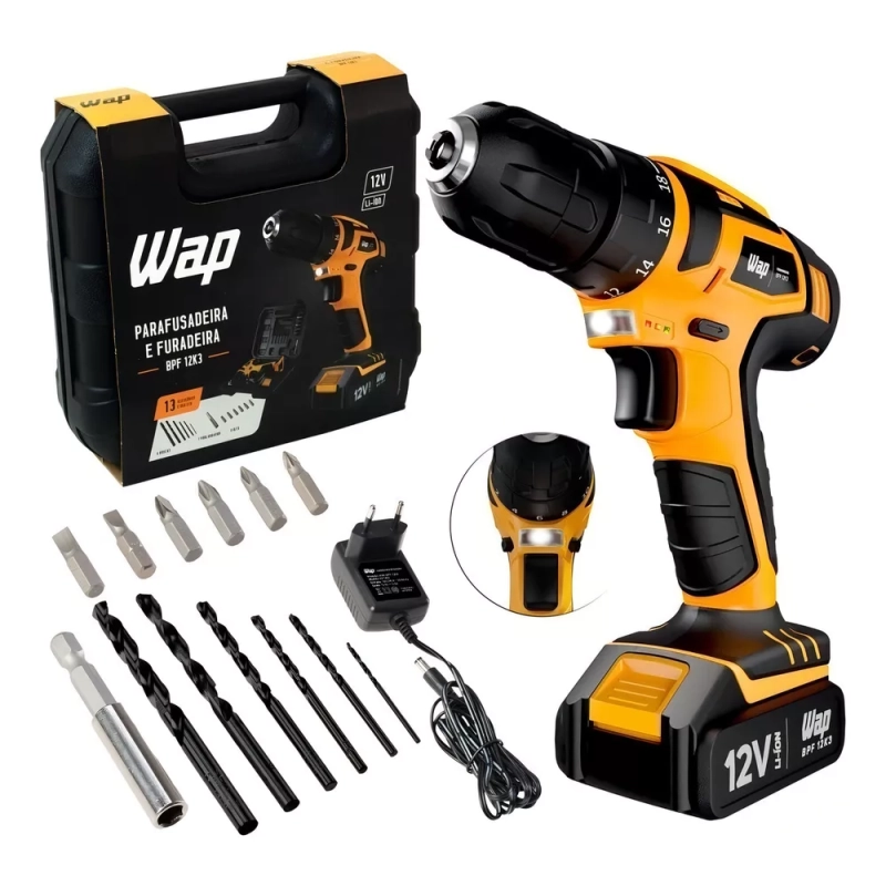 Parafusadeira e Furadeira a Bateria WAP BPF 12K3 12V Com Maleta Bivolt