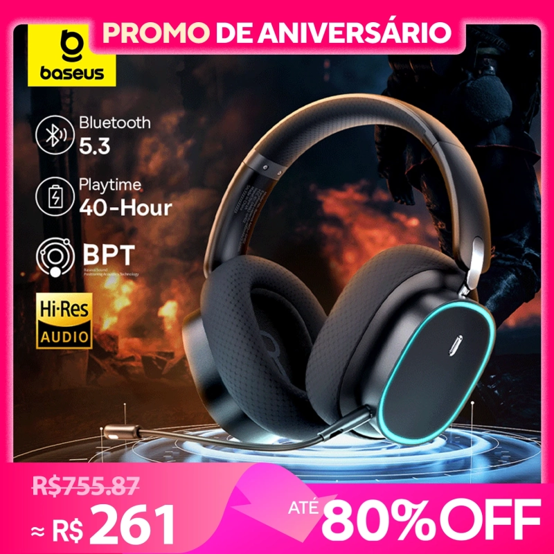 Baseus GH02 Gaming Wireless Headphone com microfone Over-Ear Fones de ouvido Bluetooth 5.3 40mm Driver 2.4G/Wireless/Cab