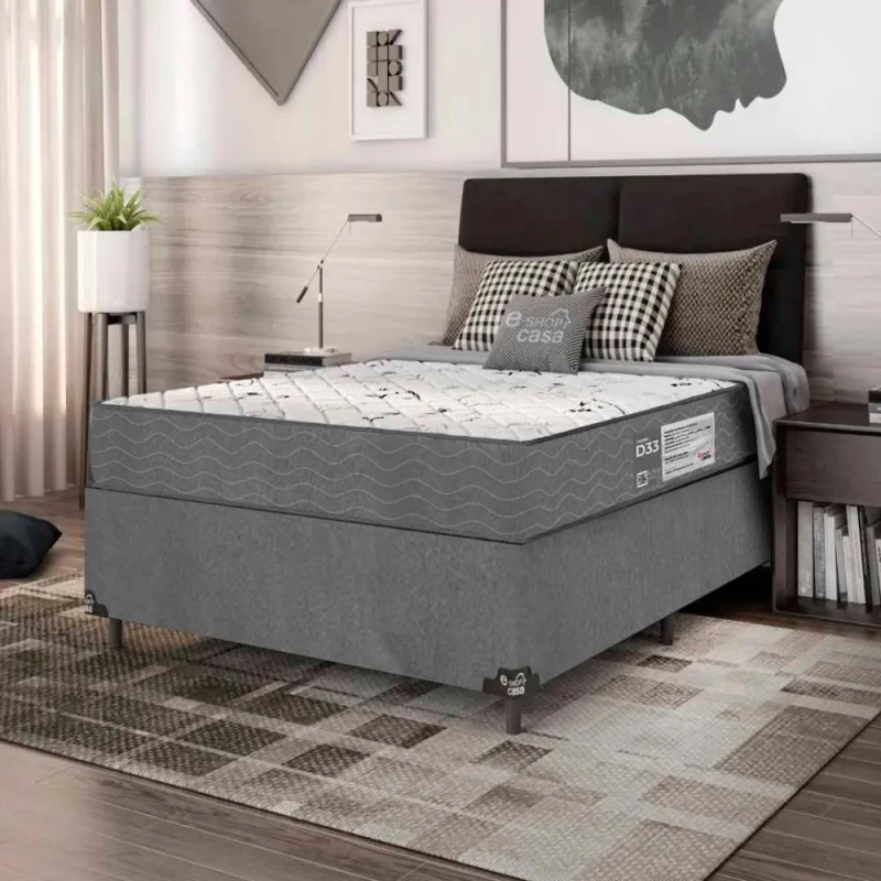 Cama Box Casal + Colchão D33 One Face - Suede Cinza