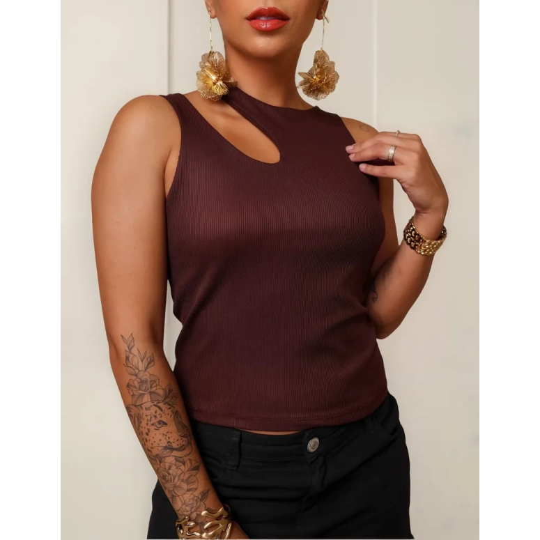 Blusa Regata Decote Gota Lisa Ribana Canelada Moda Gringa