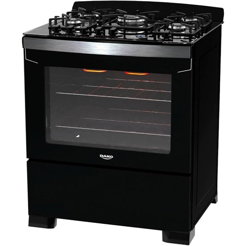 Fogão 5 Bocas Preto com Frente em Vidro Preto e Timer Digital Dako Diplomata Grill Bivolt
