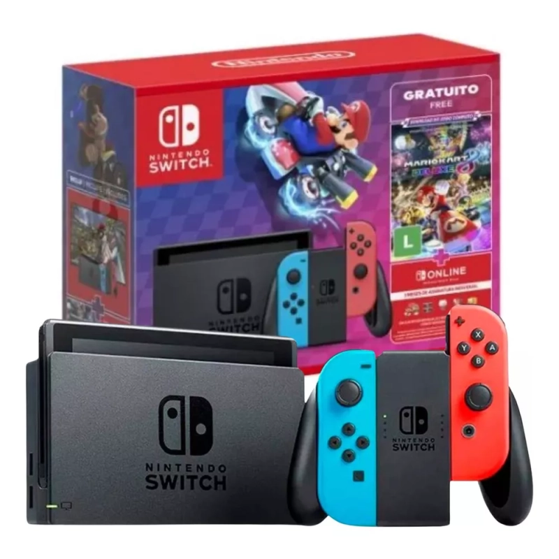 Console Nintendo Switch + Joy-Con Neon + Jogo Mario Kart 8 Deluxe + 3 Meses de Assinatura Nintendo Switch Online - HBDSKABL1
