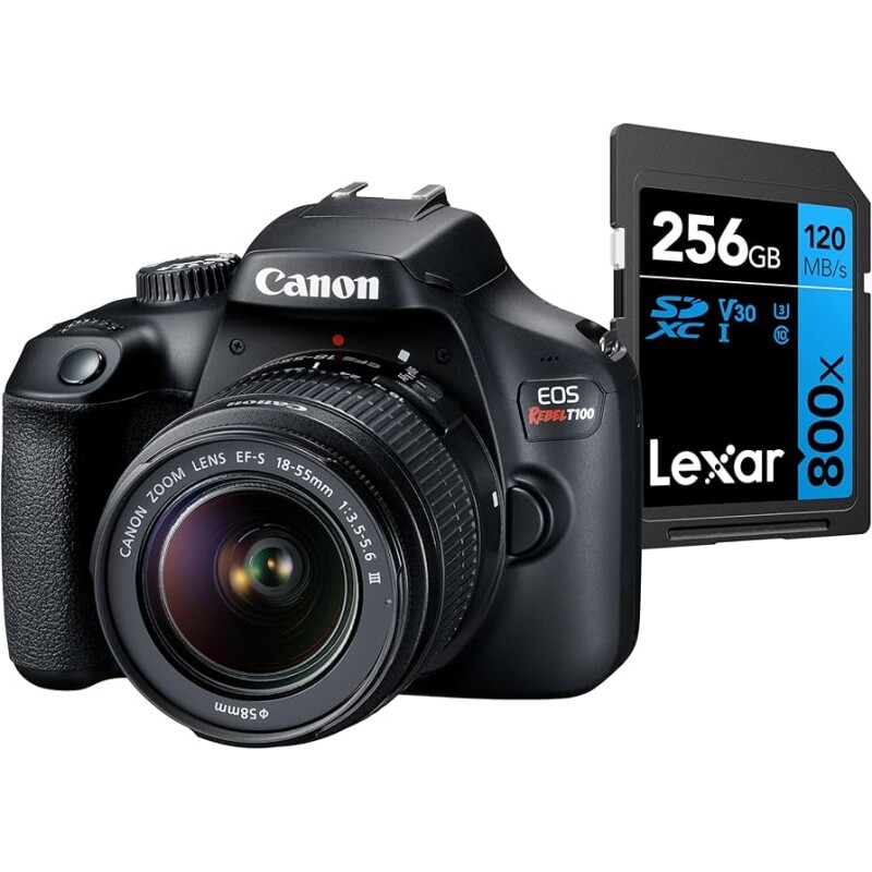 Canon Câmera Digital EOS Rebel T100 EF-S 18-55mm f/3.5-5.6 III + Cartão de Memória Lexar Blue 256GB