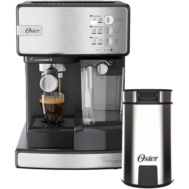 Kit Cafeteira Nova PrimaLatte Inox e Moedor de Café Oster - 127V