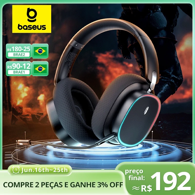 Baseus GH02 Gaming Wireless Headphone com microfone Over-Ear Fones de ouvido Bluetooth 5.3 40mm Driver 2.4G/Wireless/Cab