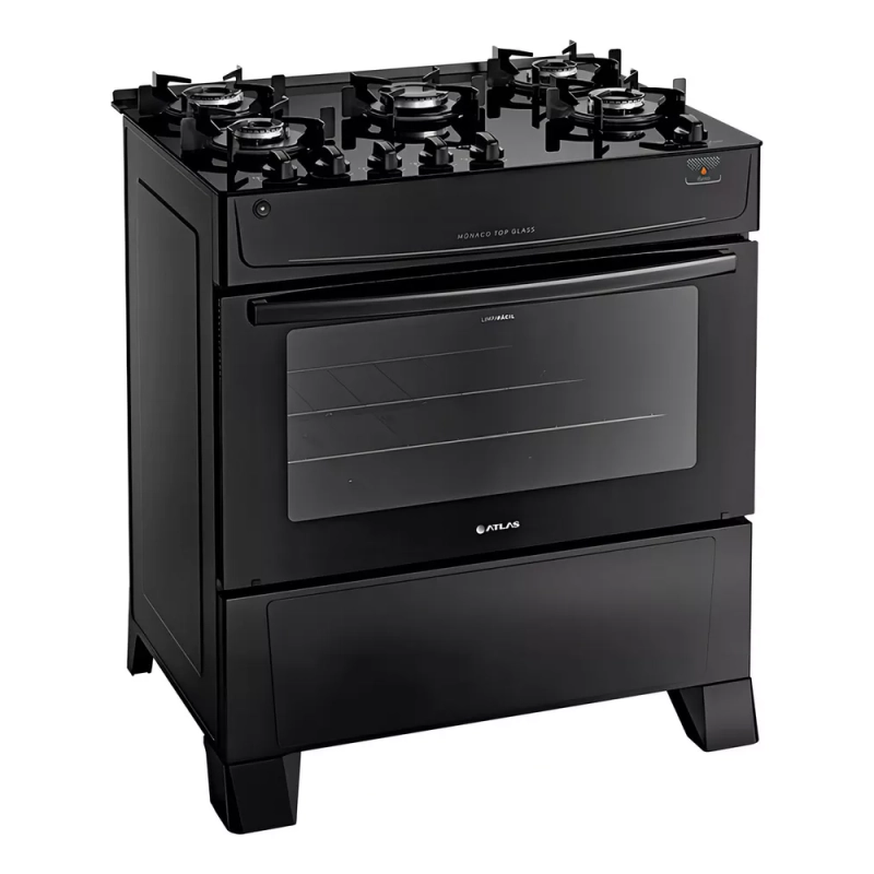 Fogão Atlas 5 Bocas à Gás Mônaco Top Glass Mesa de Vidro Preto Bivolt