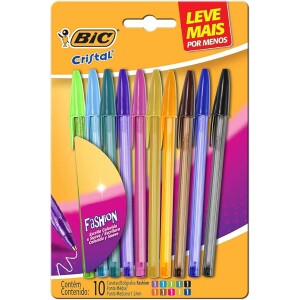 Canetas Coloridas Bic Cristal Fashion 10 Cores Vibrantes Ponta Esferográfica Média de 1.2mm Escrita Suave e Cores Vibrantes
