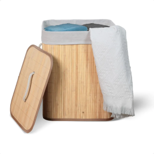 Cesto de Roupa Suja de Bambu com Tampa e Alças 50 Litros - Kontuz