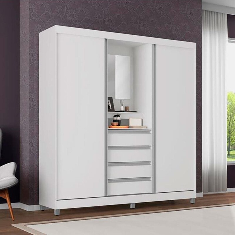 Guarda-Roupa Bartira Fortaleza II com Espelho 2 Portas de Correr 4 Gavetas - 1845 cm de Largura - Branco