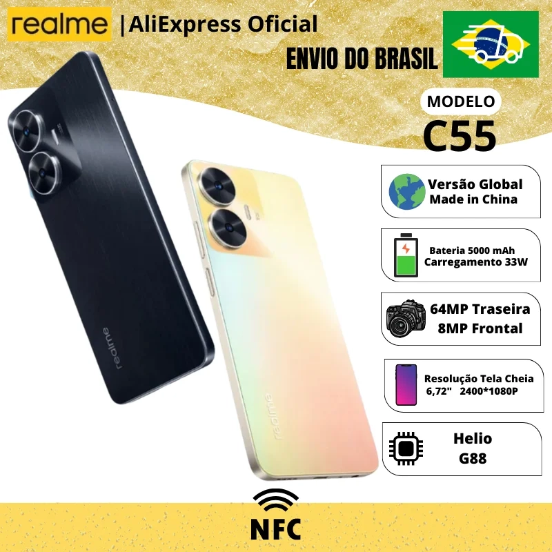 Smartphone Realme C55 8GB RAM 256GB Câmera 64MP Tela 6.72" Carregador 33w Dual Chip