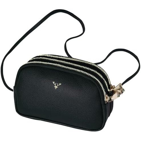 Bolsa Transversal Feminina em Couro Vegano 3 Compartimentos com Zíper Alça Ajustável (Preto)