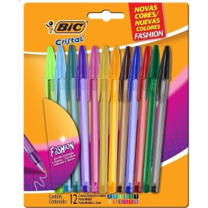 Canetas Coloridas Bic Cristal Fashion 12 Cores Vibrantes Ponta Esferográfica Média de 1.2mm Escrita Suave e Cores Vibrantes