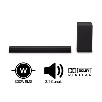 Soundbar LG S40T - 300W RMS 2.1 Canais Dolby Digital Sem fios Bluetooth 5.3 Entrada Óptica HDMI AI Sound Pro | L
