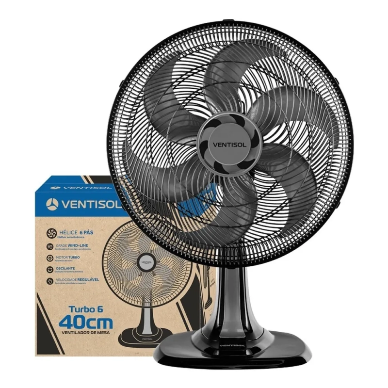 Ventilador De Mesa Oscilante 40 cm 6 Pás Turbo Preto Ventisol 220v