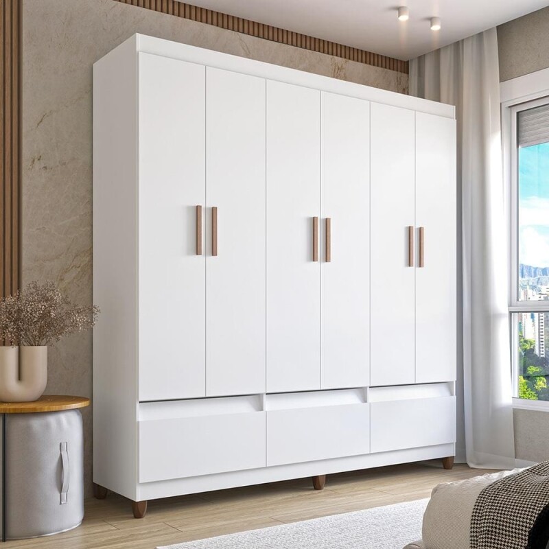 Guarda-Roupa Bartira Ilhéus com Cabideiro 6 Portas de Bater 3 Gavetas e 180cm de Largura - Branco Fosco