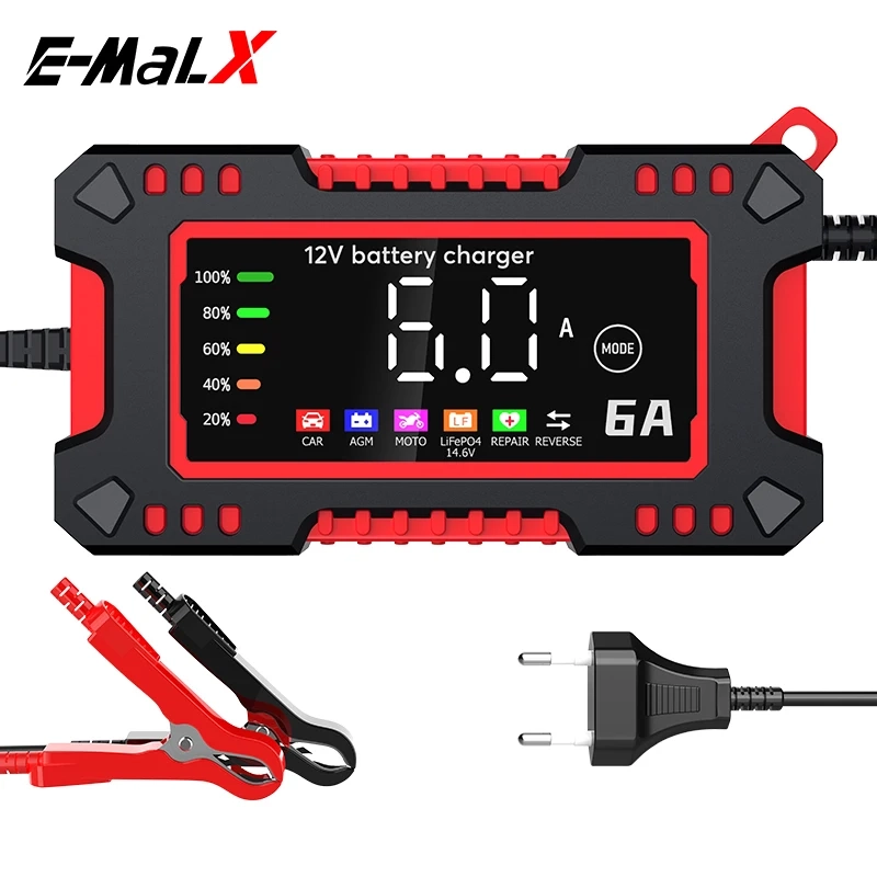Carregador de bateria de carro 6A 12V Unidade de carregamento de bateria de carro e motocicleta Tela LCD para reparo de