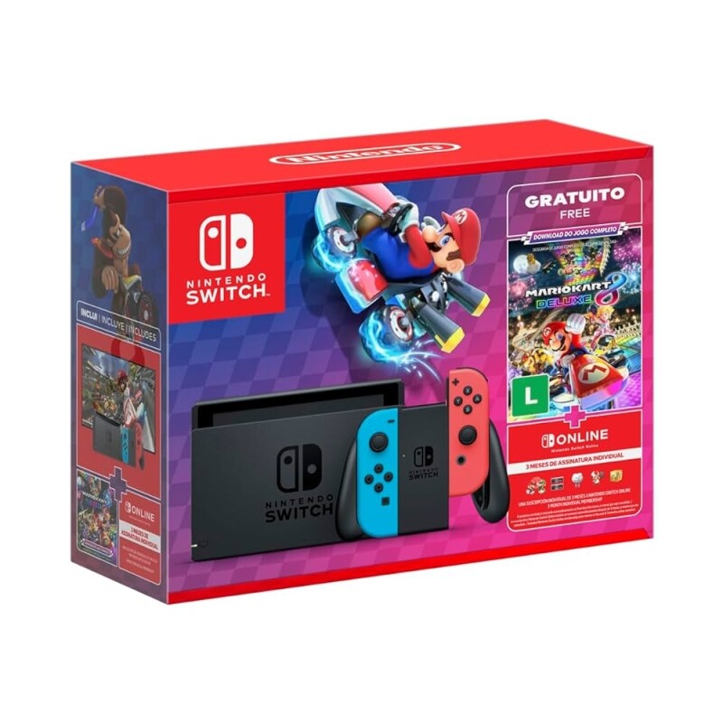 Console Nintendo Switch + Joy-Con Neon + Jogo Mario Kart 8 Deluxe + 3 Meses de Assinatura Nintendo Switch Online - HBDSKABL1
