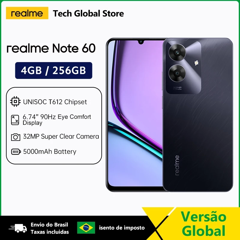 Realme Note 60 Smartphone 4GB 256GB UNISOC T612 Processador 32MP Câmera 6.74 "90Hz Display IP64 À Prova D 'Água 5000m
