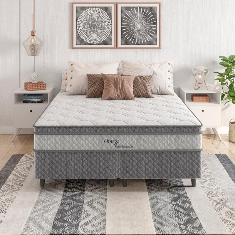 Cama Box Queen Size Herval Ômega com Pillow Top e Molas Ensacadas 60x158x198cm - Cinza/Branco