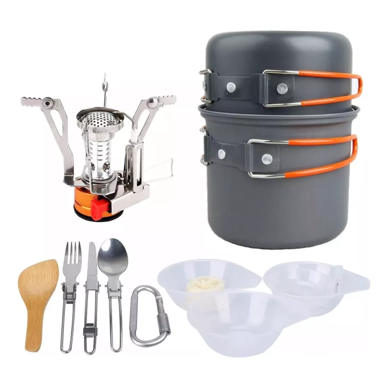 Kit Camping De Mini Fogareiro + Panelas 2 Peças + Talheres