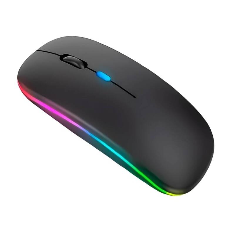 Mouse Sem Fio Bluetooth USB Recarregável com Iluminação RGB Sensor Ajustável e Design Ergonômico - Preto