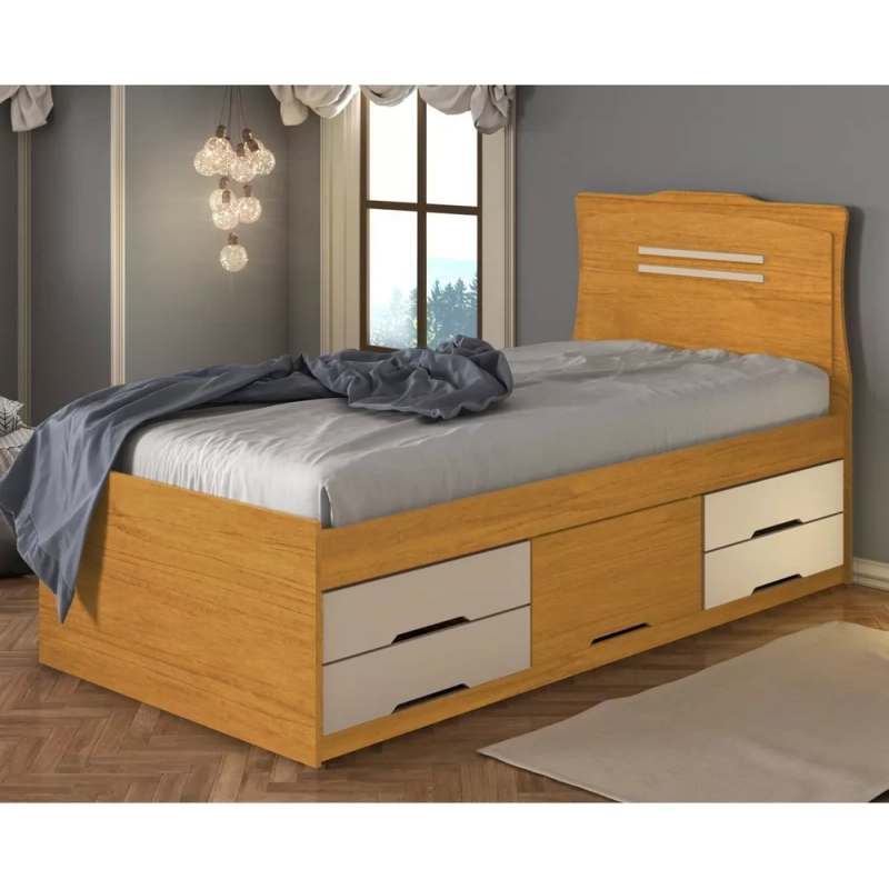 Cama Solteiro 5 gavetas Júlia Conquista Móveis Cinamomo/Off-White