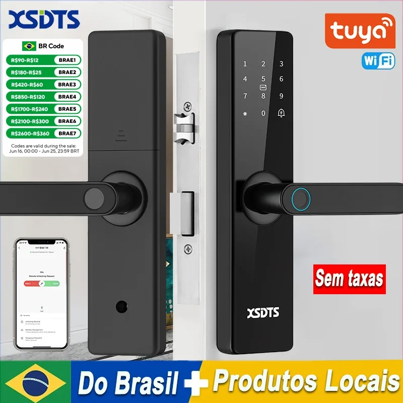 Fechadura inteligente eletrônica Tuya Wifi com impressão digital biométrica / cartão inteligente / senha / desbloque