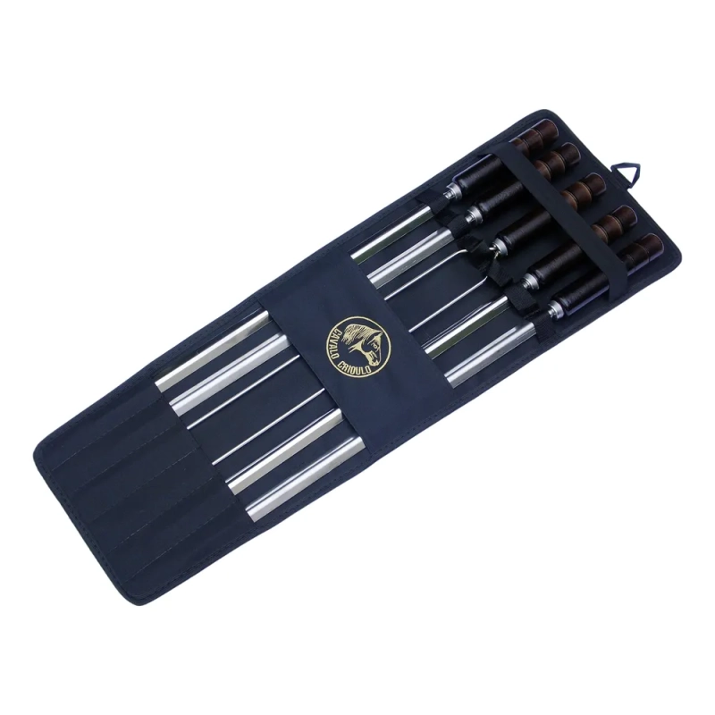 Kit 5 Espetos Churrasco Assar Cabo Madeira Aço Inox + Bolsa