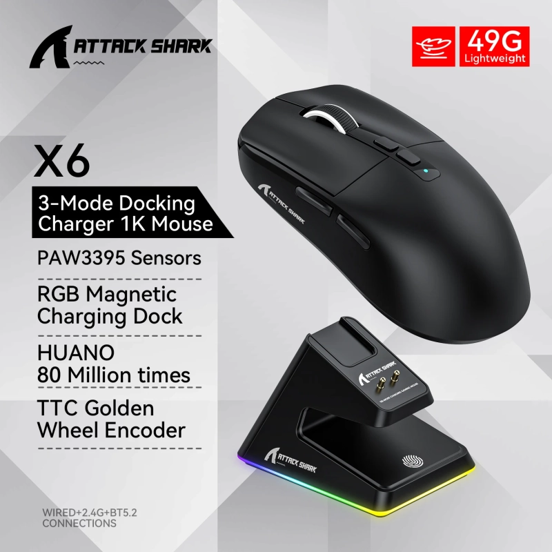 Mouse Gamer Sem Fio Attack Shark X6 Sensor PAW3395 com Dock de Carregamento