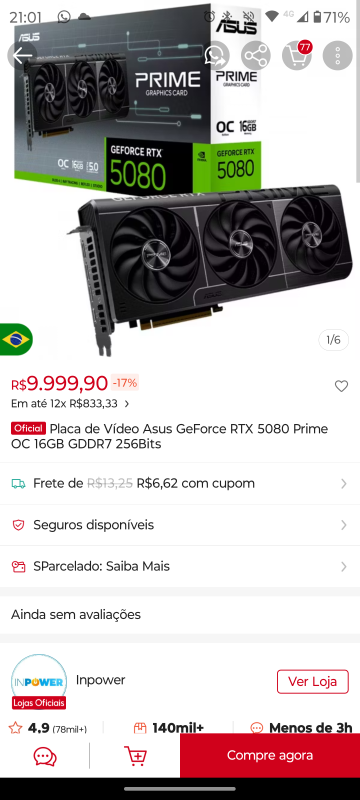 Placa de Vídeo Asus GeForce RTX 5080 Prime OC 16GB GDDR7 12 SEM JUROS