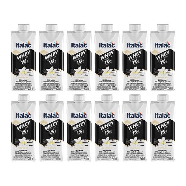 Bebida Láctea UHT Proteica com 15g de proteínas - Italac Baunilha Zero Lactose 250ml 12 Unidades