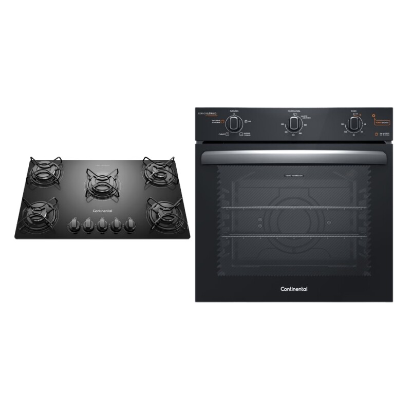 Cooktop 5 Bocas Continental a Gás de Vidro Temperado Preto + Forno de Embutir Elétrico Continental 80L com TOPLimpaFá