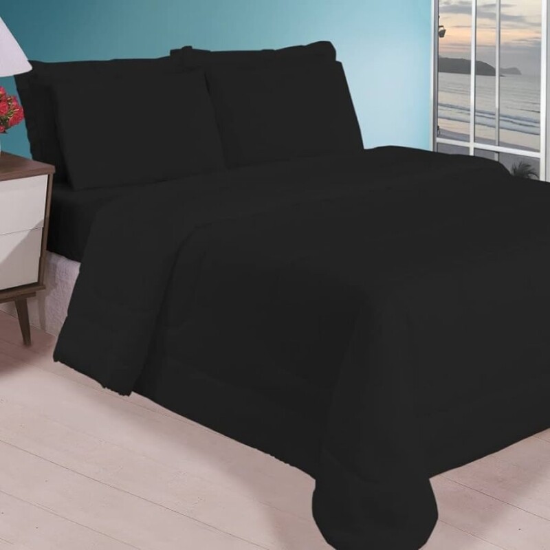 Kit Edredom Casal Jogo de Cama Leve Para Verão (6 Peças Preto)
