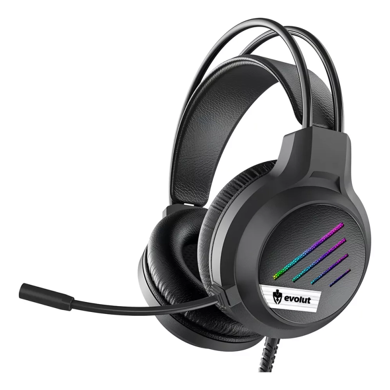 Headset Gamer Evolut Eg306 Led Rainbow Multi Plataforma Cor Preto Luz Rainbow