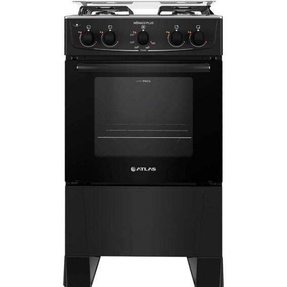Fogão 4 bocas Atlas Mônaco Plus Preto com Acendimento Automático e Mesa Inox