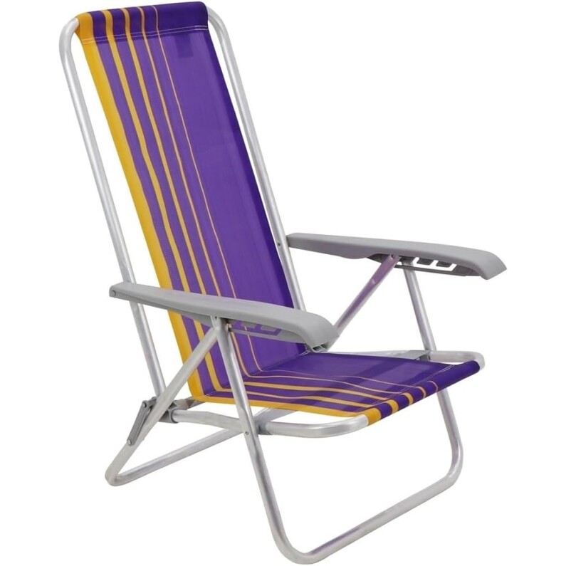 Cadeira de Praia Reclinável Tramontina Bali Baixa em Alumínio com Assento Roxo e Amarelo