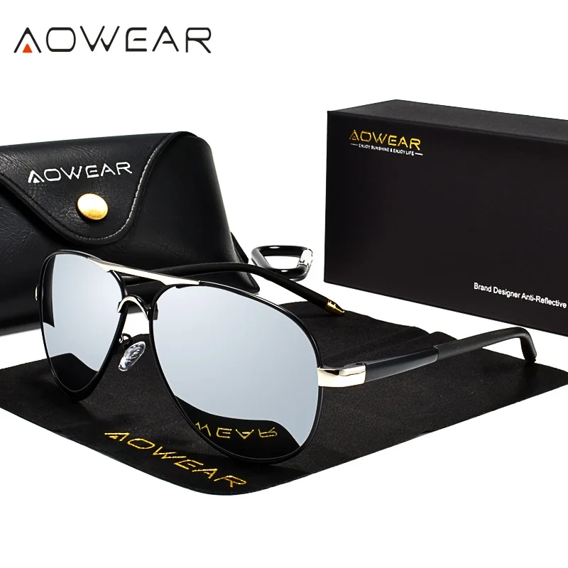 Aowear óculos de sol de aviação masculino polarizado espelho óculos de sol para