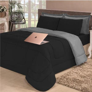 Kit Edredom Casal Queen + Jogo de Lençol 06 Peças Aconchego Dupla Face Preto Cinza Cotex