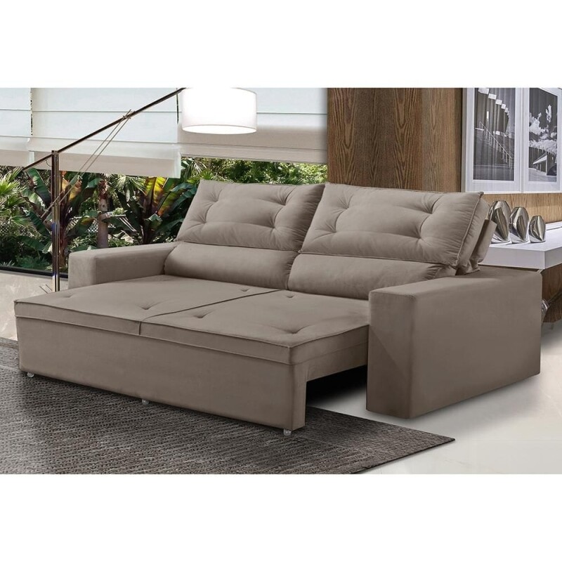 Sofá Retrátil e Reclinável 3 lugares com Molas 180m Lais Suede Cappuccino Adonai Estofados - Nude