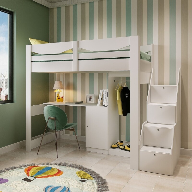 Cama Infantil com Escada 1 Escrivaninha e 2 Armários 5 Portas Leo Yescasa Branco Perfect Wood