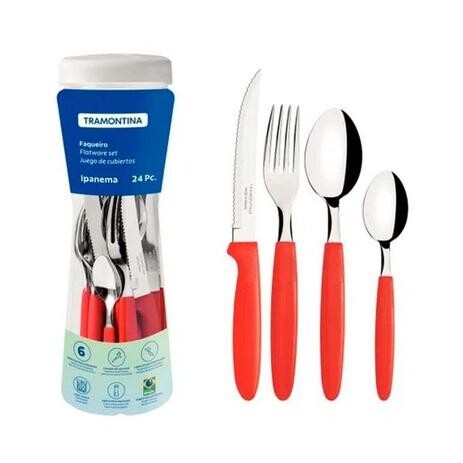 Faqueiro Vermelho Jogo de Talheres Inox Tramontina 24 Peças + Pote Multiuso