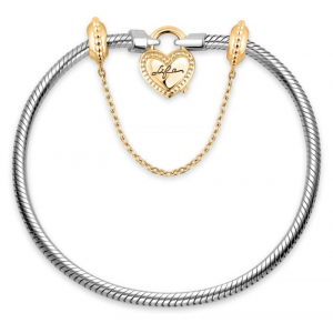 Pulseira Life Prata Fecho Cadeado Coração com Banho Ouro Amarelo