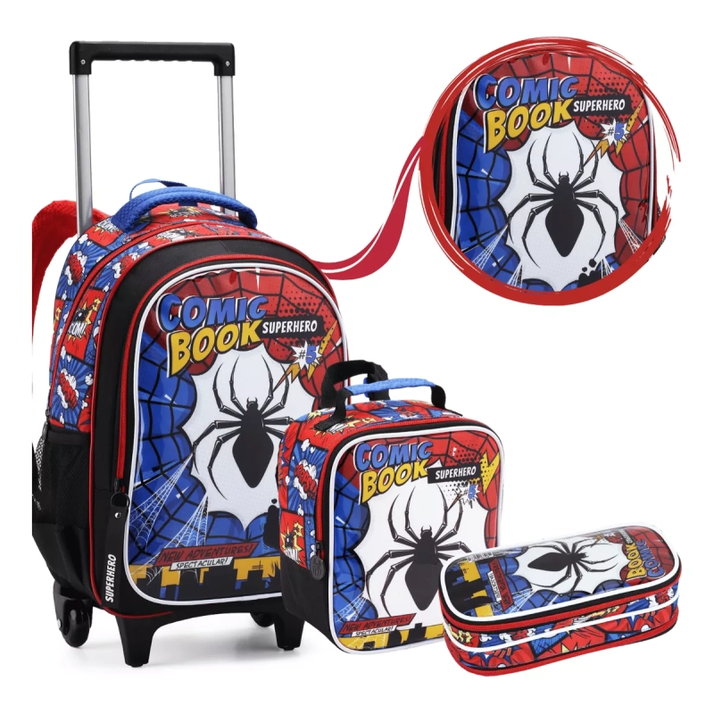 Kit Mochila Rodinha Estojo Lancheira Infantil Menino Aranha