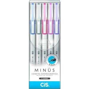 CIS Caneta Esferográfica Minus 0.4 mm Estojo com 5 unidades (Azul Preta Vermelha Rosa e Lilás) Multicor