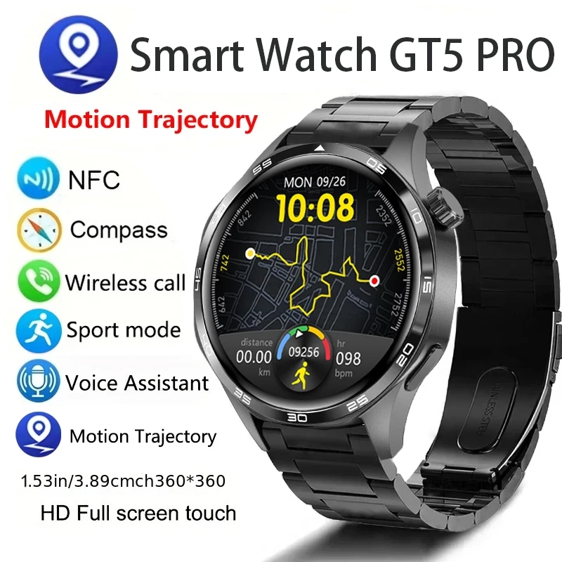 Gt5 pro relógio inteligente masculino 5 pro amoled tela hd bluetooth chamada trajetória gps nfc freqüência cardíaca