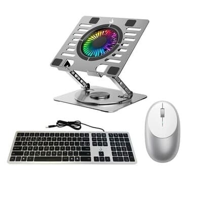 Kit Escritório Metálico - Teclado Slim Rise Mode Preto e Prata + Mouse Sem fio Satechi M1 Prata + Base Articulada de A