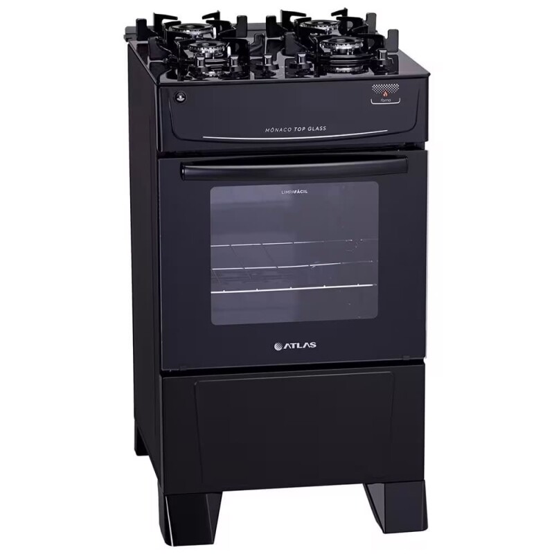 Fogão Atlas 4 Bocas Mônaco Top Glass com Mesa de Vidro e Acendimento Automático Bivolt Preto